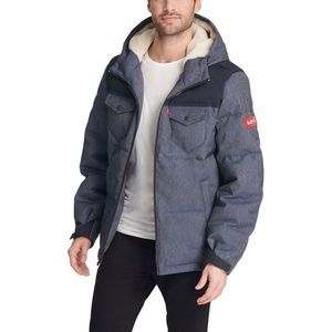 Levi's Mens Quilted Mix-Media Puffer Jacket Fleece-Lined Hood L Navy
